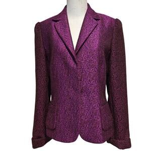 Elie Tahari Mulberry Plum Wool Blend Textured Tweed Jacket Magnetic Buttons